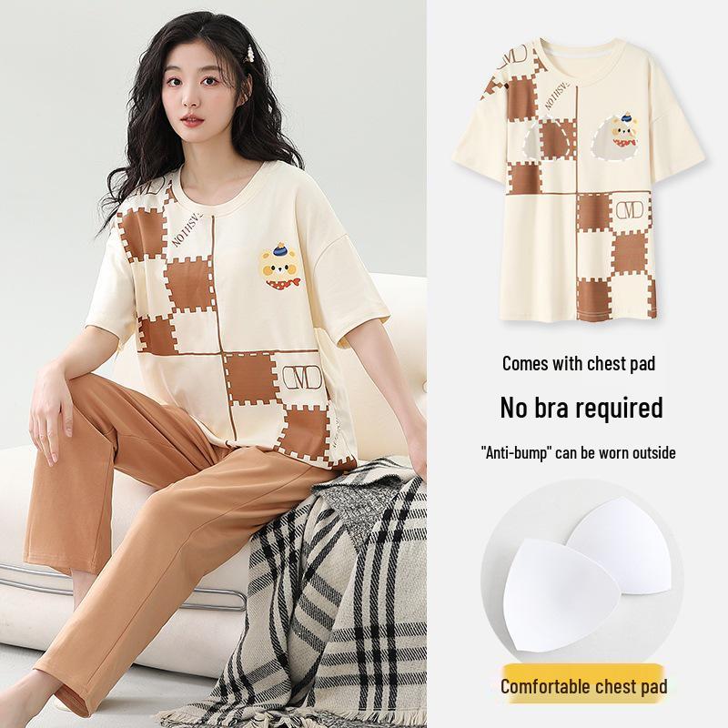 Damski kreskówkowy komplet piżamy z krótkim rękawem i wkładkami na biust - Letni bawełniany długi komplet domowy 2025