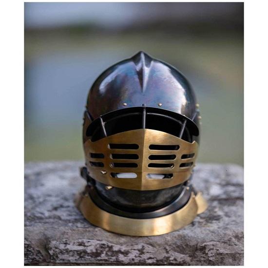 

Medieval Knight Close Helmet Black Steel Brass Visor Gothic Armor Replica for Cosplay LARP Display