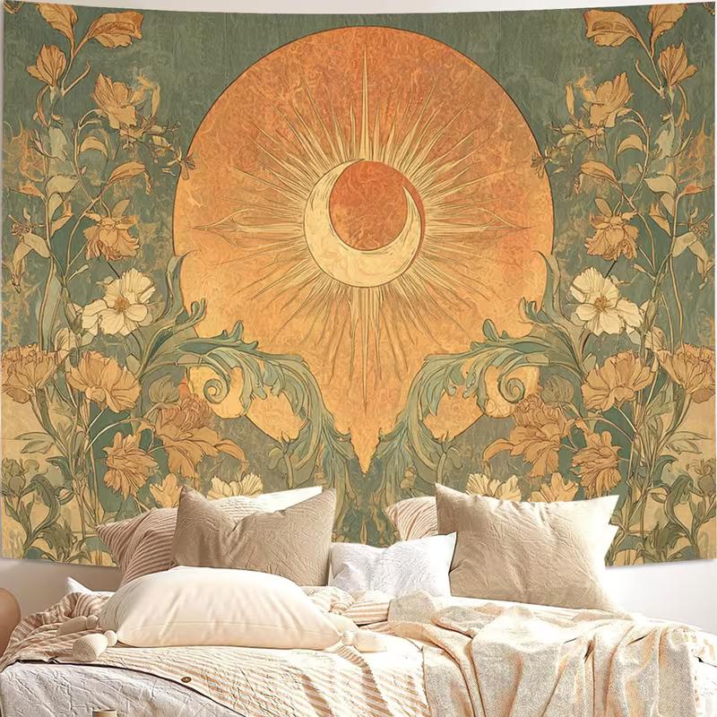 2D Art Nouveau Floral Tapestry Boho Sun Moon Home Background Decor