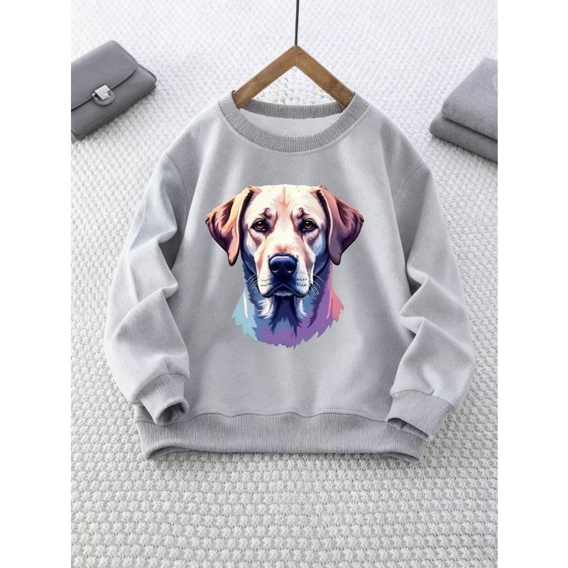 Girls' Round Neck Sweatshirt with Dog Head Print, Comfortable Top for Parties, Thanksgiving Outfit