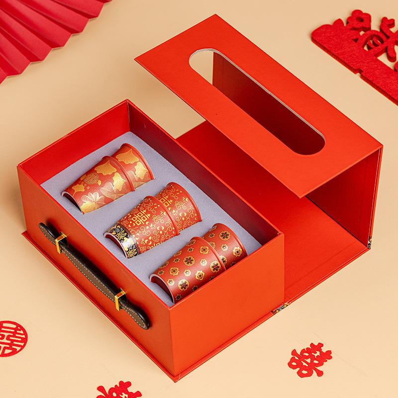 Double Happiness Red Festive Tea Cup Ceramic Water Cup With Gift Box Newlyweds Toasts Wedding Glass Cup Drinking Glasses