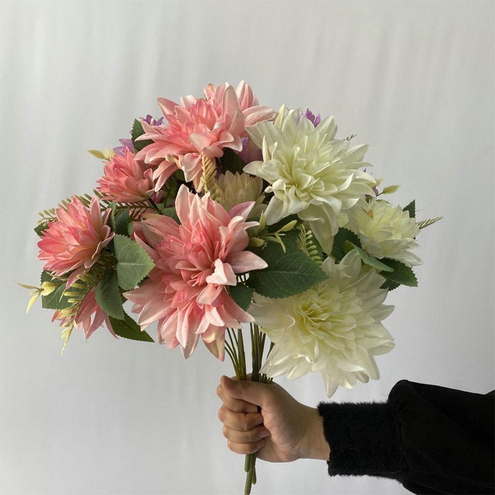 Dahlia Rose Daisy Artificial Flowers Green Leaves Multicolor Simulation Flower Silk Petals DIY Faux Flower Room Decoration