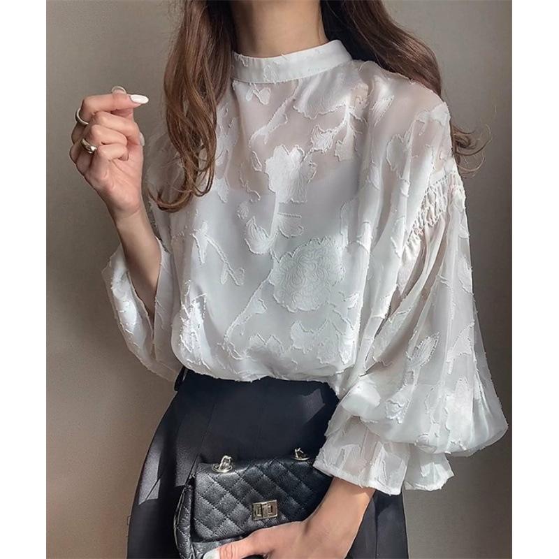 Women's Floral Jacquard Sheer Stand Collar Puff 3/4 Sleeve Oversized Casual Blouse Loose Chiffon Shirt Top