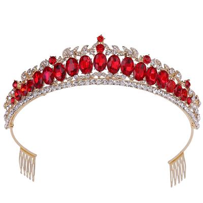 Korean Style Bridal Headband, Forest Style Small Leaf Diamond Red Crystal Birthday Catwalk Hair Accessory Crown Hair Comb