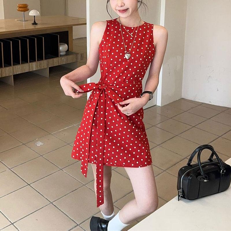 

Ретро красное платье в горошек без рукавов для женского летнего темперамента, шнуровка на талии, юбка-жилет S красный