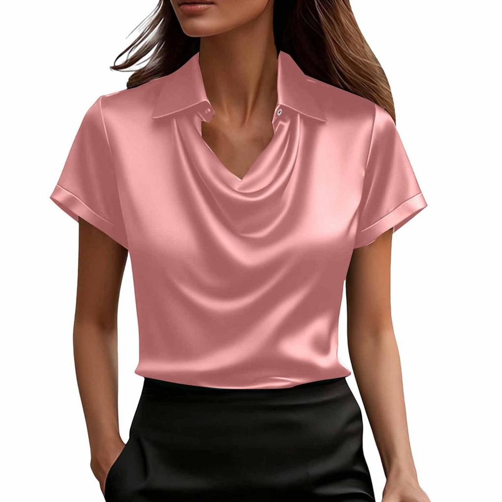 Summer Fashion Solid Color Casual Collar Swing Collar Button Professional Style Short Sleeve Top Fashionable Comfortable Soft Commuting Shirt