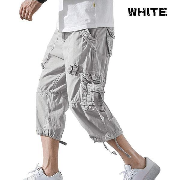 Summer Mens Casual Cargo Short Pants 3/4 Loose Fit Below Knee Capri Cargo Trousers Cotton