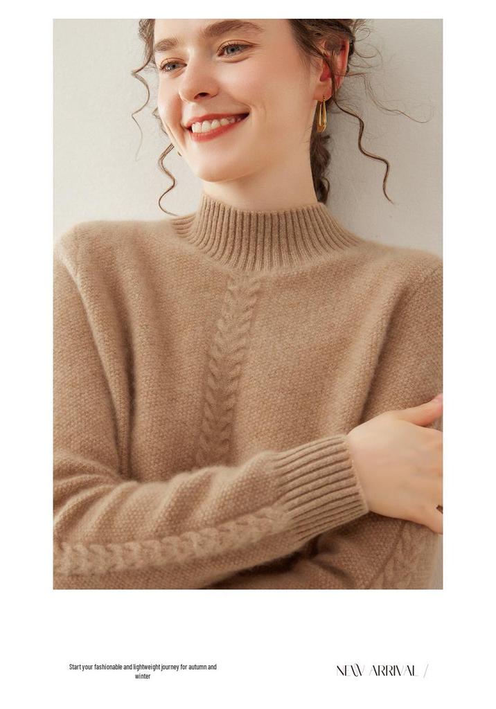 Women's Jacquard Knit Cashmere Sweater - Loose Fit, Half-High Neck, Autumn/Winter Fashion