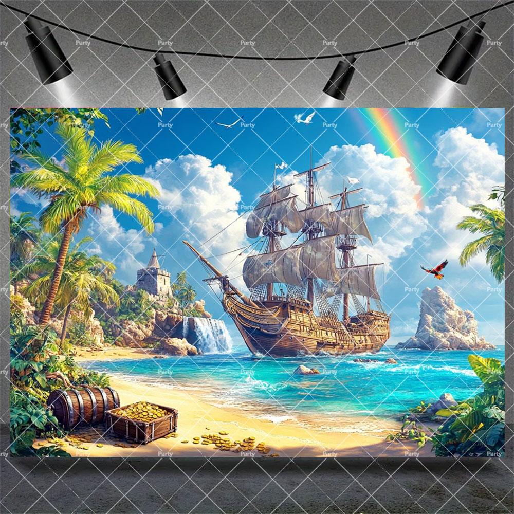 Hawaiian Tropical Summer Beach Background with Flamencos, Flowers, Aloha, Luau, Surfboard, for Parties, Photographic Studio Decoration