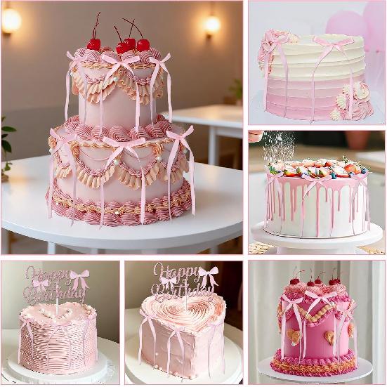 Pink Bow Cake Toppers, Happy Birthday Sign with 12 Pcs Bow Cake Decorations for Pink Ribbion Birthday Decorations Baby Shower Wedding Party Supplies