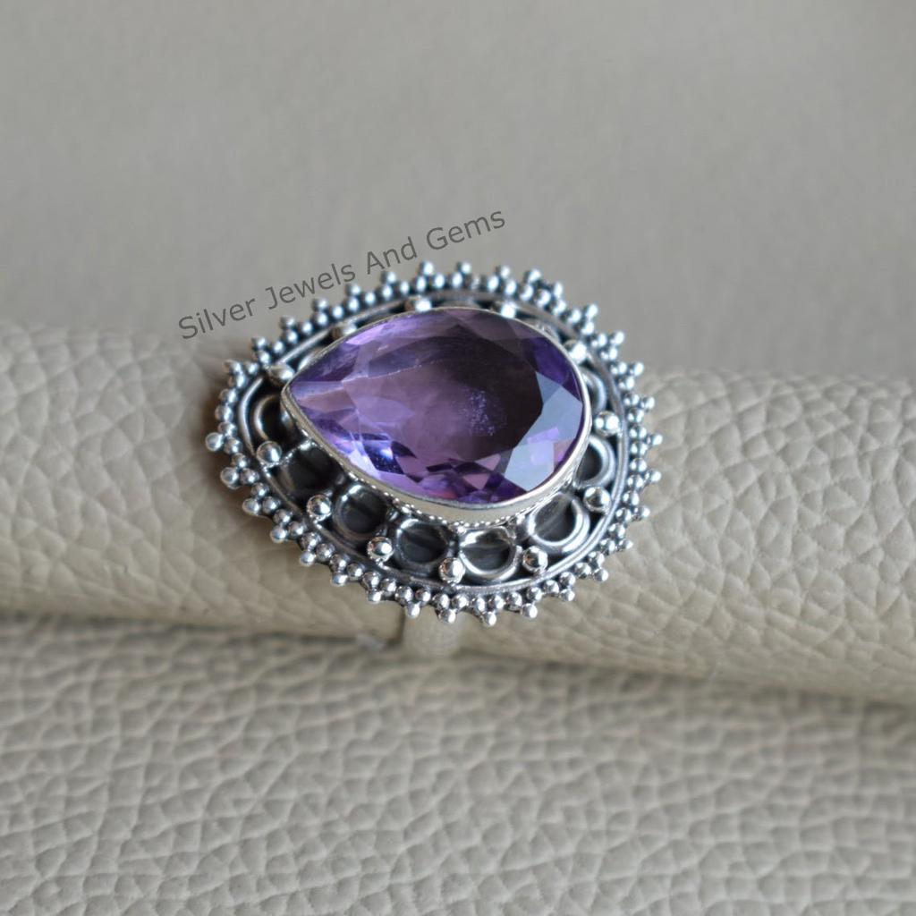 925 Sterling Silver Ring, Amethyst Ring, February Birthstone Ring, Handmade Ring, Teardrop Amethyst Designer Ring, Boho Ring. Gift For Her
