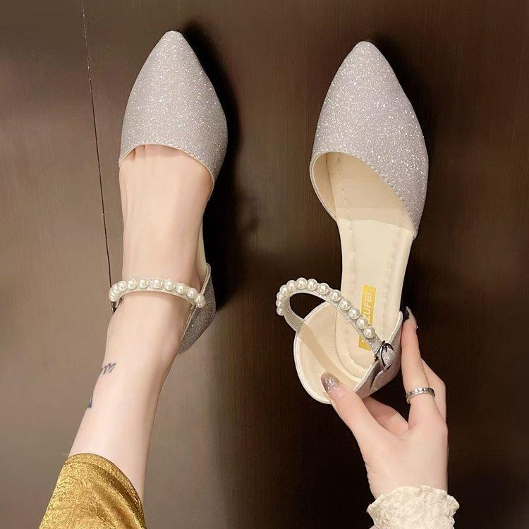 Fairy flat bottom pointed pearl sandals with one word sweet with skirt hollow bridesmaid bag heel with skirt single shoes