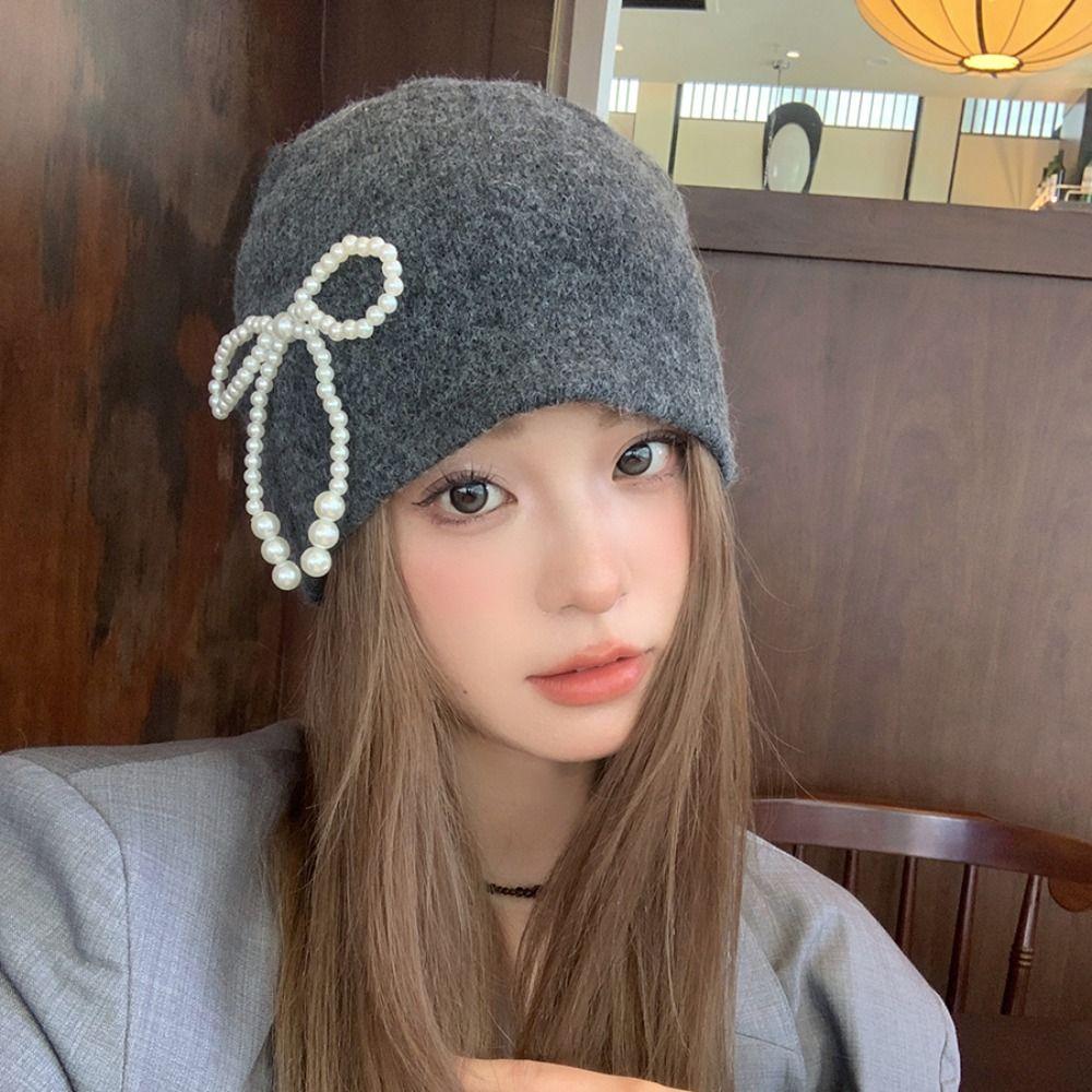 Ear Protector Stacking Knitted Bonnet Cap Solid Color Korean Wool Hat Pearl Bow Beanies Cap  Women