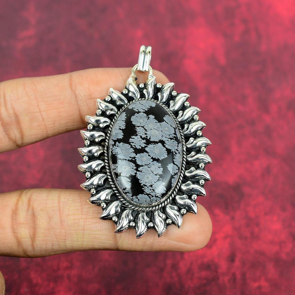 Wisiorek z obsydianu w kształcie płatka śniegu, 925 solidne srebro próby 925, ręcznie robiony delikatny wisiorek z kamieniami szlachetnymi, dla niej