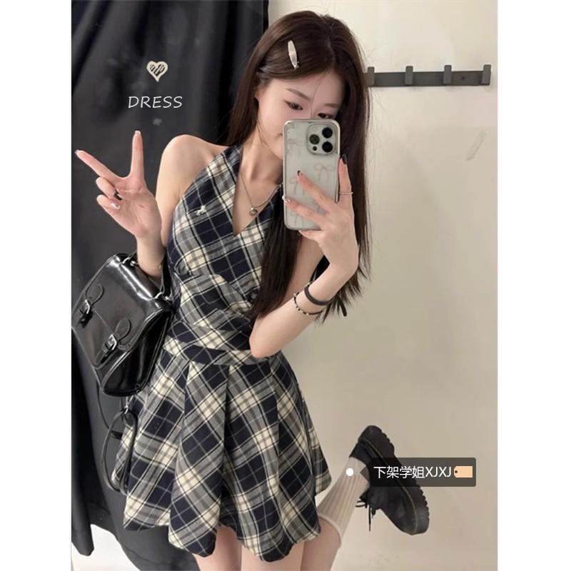French v-neck neck plaid dress women's summer new temperament slim fit small man short
