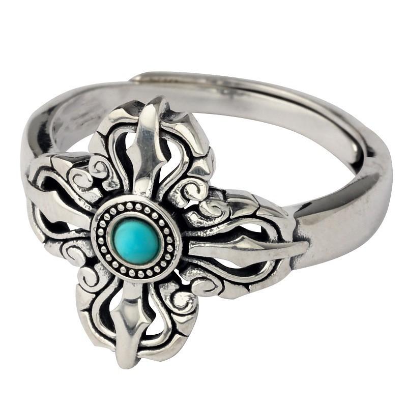 Vintage Cross Vajra Ring With Natural Turquoise Inlay Sterling Adjustable Unisex Jewelry