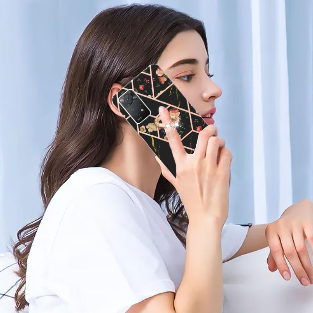 Ring Bracket Golden Border Grid Marble Flower IMD Ultrathin Phone Case for Xiaomi Redmi Note 11S,Note 12 Pro 4G,Xiaomi 11T,Redmi 10,Poco X3 NFC...