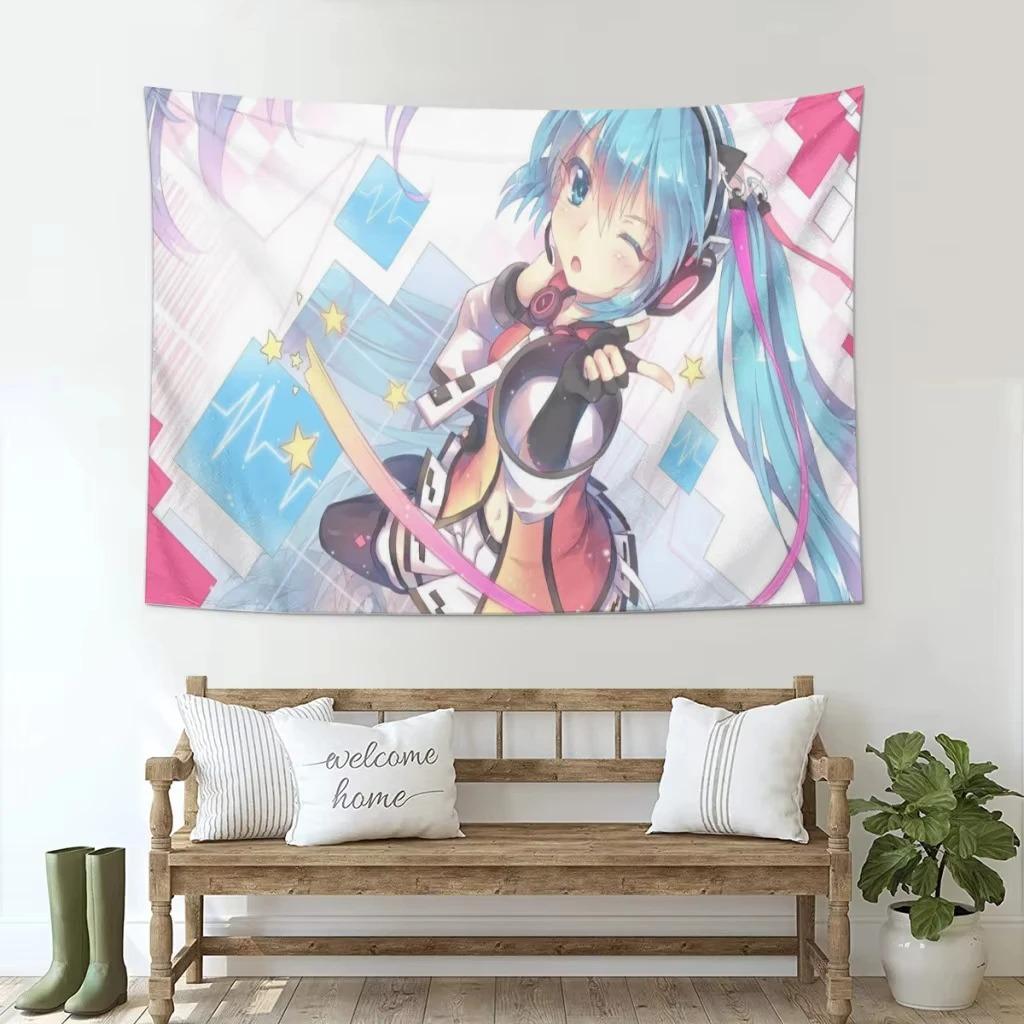 Neko Cat Girl Anime Tapestry Blue Hair Miku Print Polyester Wall Hanging Kawaii Otaku Decor for Bedroom  Living Room