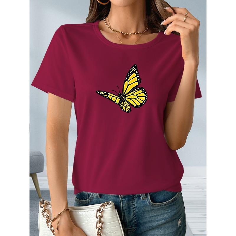 Yellow Butterfly-printed Women s Short-sleeved Round-neck Short-sleeved T-shirt, Casual Short-sleeved T-shirt. The Patterned Round-neck T-shirt, S бордовый