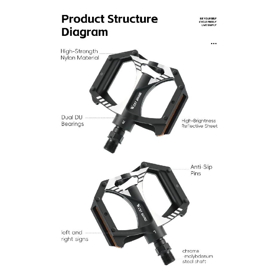 WEST BIKING Ultralight Bicycle Pedals Dual DU Sealed Bearings Nylon Anti-Slip 9/16" Universal Thread MTB BMX Road Bike Parts