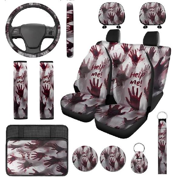 Red Spider Web Car Seat Covers with Steering Wheel Cover,Armrest Cushion,Seat Belt Covers Cup Holder with Keychain,Automotive Protector Set Unverisal