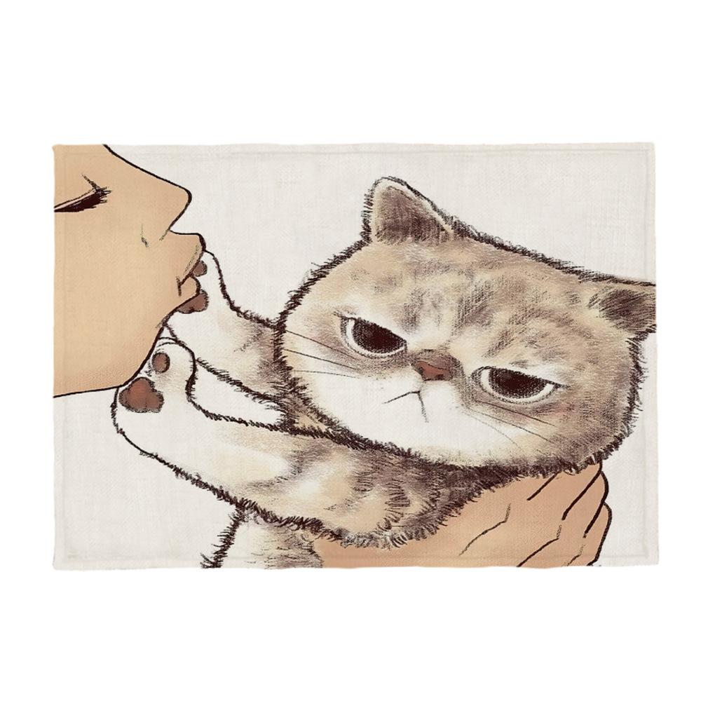 Kočičí lněná podložka na stůl Roztomilý odmítá políbit Prostírání s kresleným vzorem Dekorace na kuchyňský stůl Mat