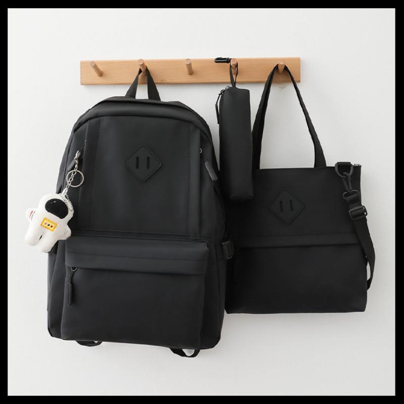 Unisex Advanced PU Schoolbags for College Students High School Elegant Black 3 Pcs Set Backpack with Study Bag Pencil Box
