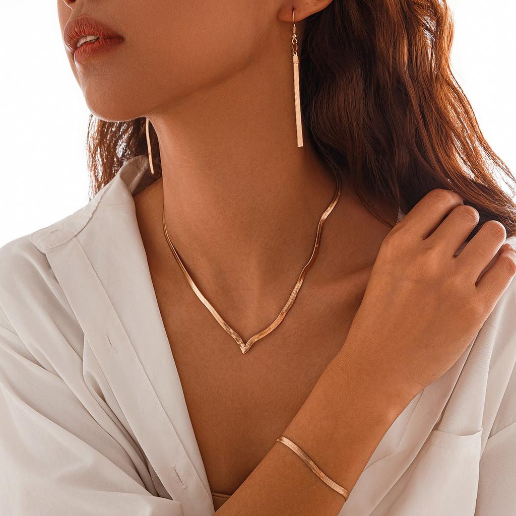 Accessories Hip Hop Wind Flat Snake Bone Chain Necklace, Retro Simple Geometric V-Shaped Necklace Earrings