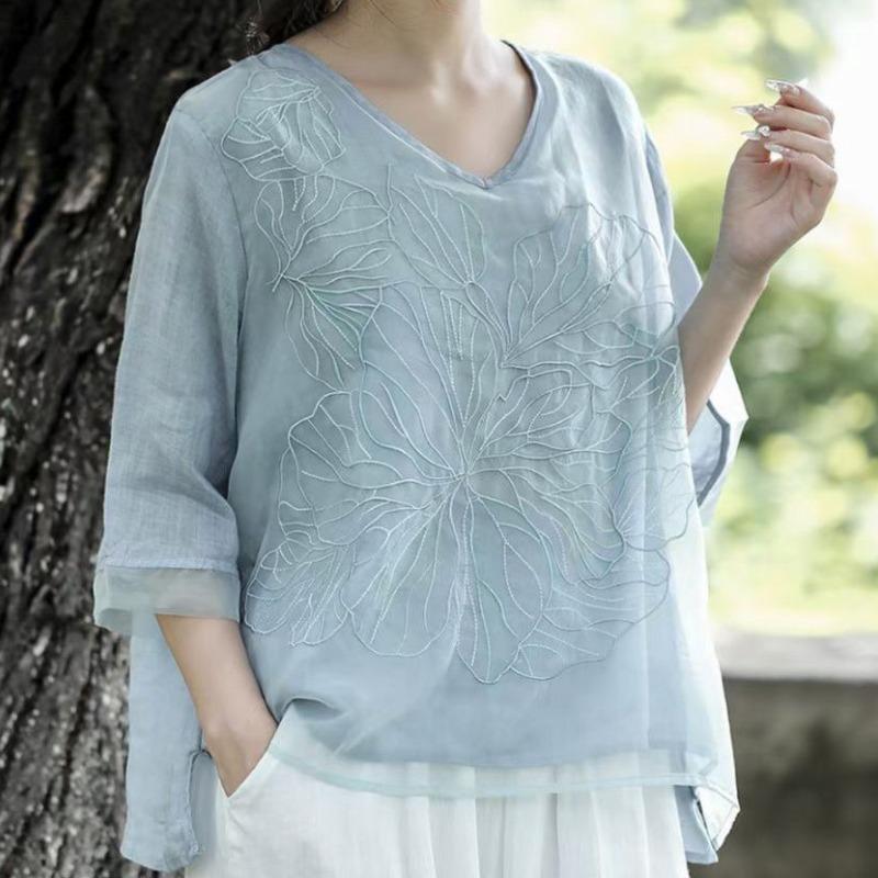 Koreańska Elegancka Letnia Damska Gładka Dekolt V Haftowana Muślinowa Modna Do Pracy Wszechstronna Rękaw Trzy Czwarte Luźna Szyfonowa Koszula Bluzki