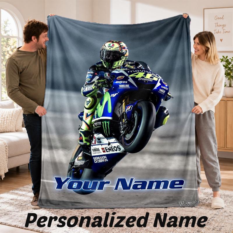 Custom Name Valentino Rossi Flannel Throw Blanket Personalized Text Soft Blanket Bed Sofa Gift