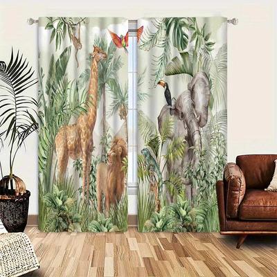 2 Stück Dschungel Elefant Fuchs Giraffe Vorhänge Vintage Tierdruck Vorhänge Ganzjahres-Charme für Wohnzimmer Schlafzimmer Heimdekor