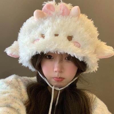 Lolita Sheep Ear Bucket Hat Fluff Brimless Beanie Cap Kawaii Plush Pullover Hat  Girls