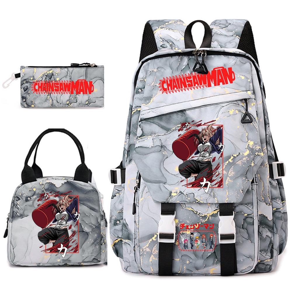 Chainsaw Man Anime Print Student Backpack Set for Girls with Lunch Bag Pencil Case School Daily Use