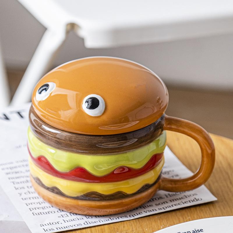 300ML Coffee Mugs Creative Hamburger Shaped Water Cup with Lid Cute and Cute Breakfast Cup Large Capacity Ceramic Hamburger Mug