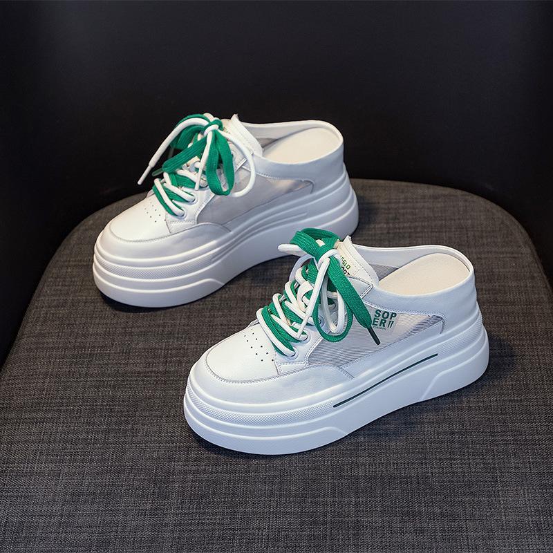Baotou half slippers women's outer wear 2025 summer new mesh breathable little white shoes thick sole inner height increase women's shoes sandals