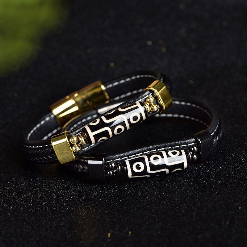 Handmade Black Gold Leather Bracelet with Tibetan Nine-Eyed Dzi Bead - Retro Ethnic Style for Men