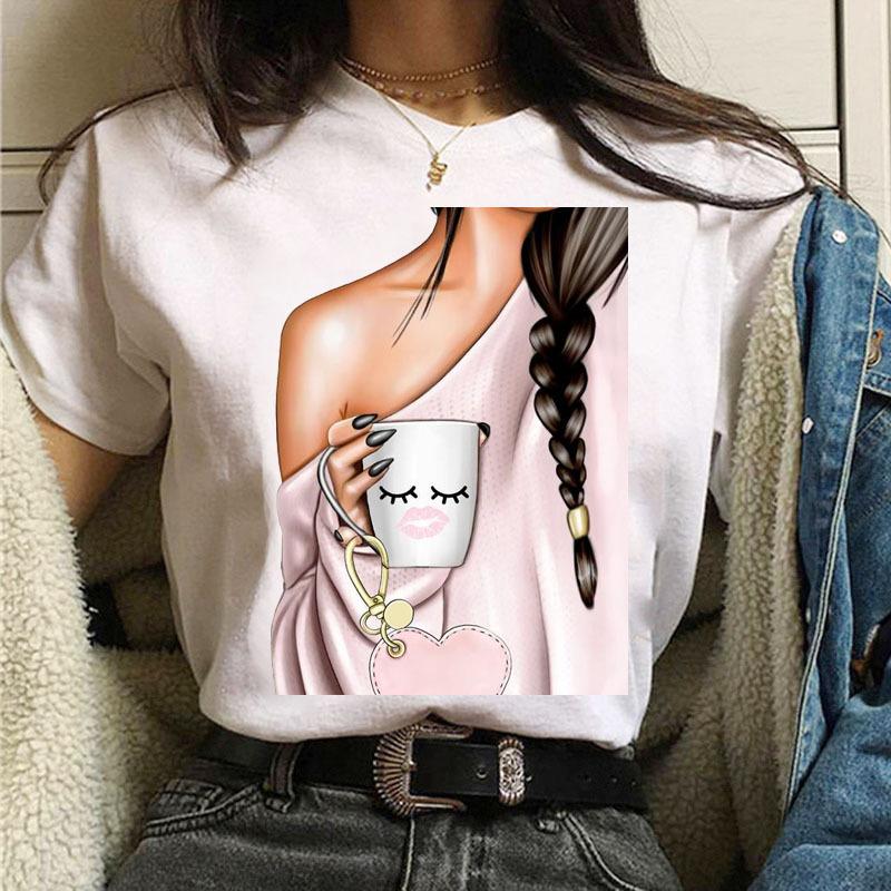 Summer Fashion Coffee Girl Urban Base Shirt Round Neck Pure Cotton Short Sleeved Women's T-Shirts Women’s