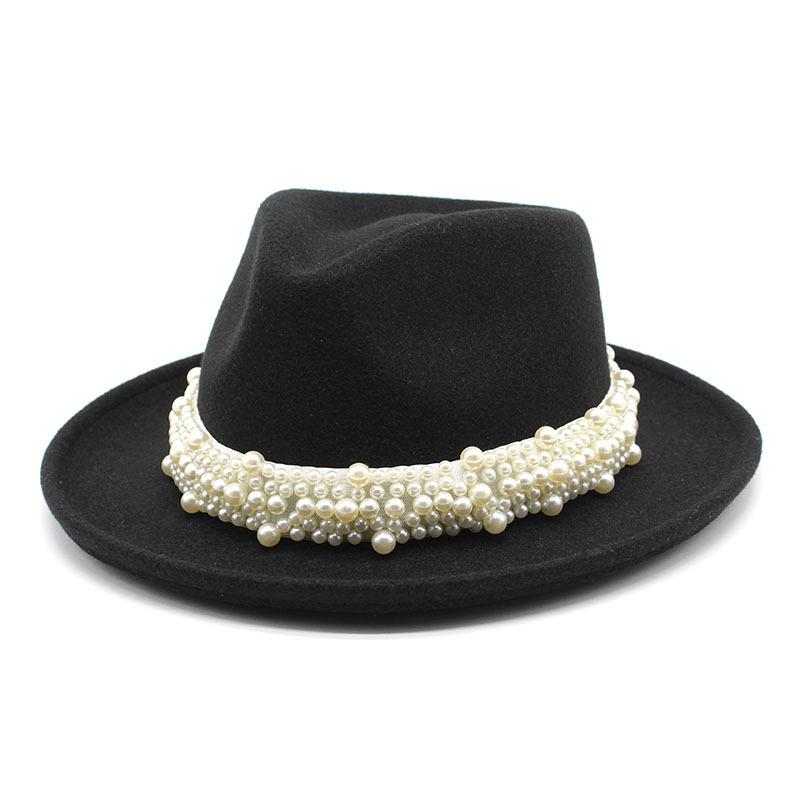 

Pearl Wool Top Hat Men S And Ladies Jazz Hat Rolled Eaves Big Eaves Hat Tweed Wool Hat M（56-58cm） чорний