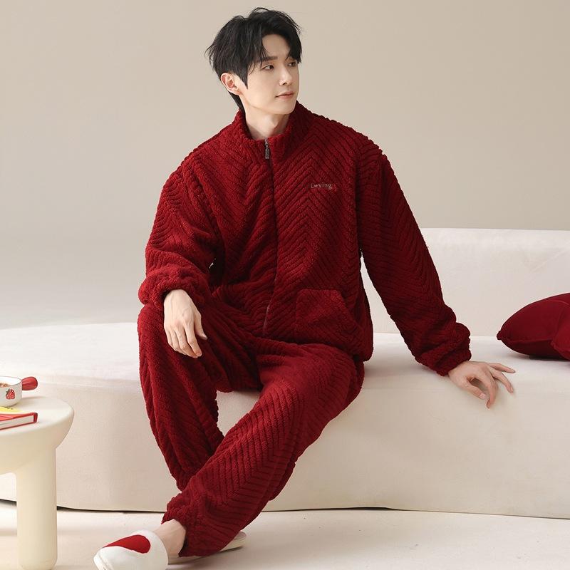 Pajamas Wedding Newlywed Couple Suit Autumn And Winter Coral Fleece Thickened Warm Natal Year Wedding Red Loungewear