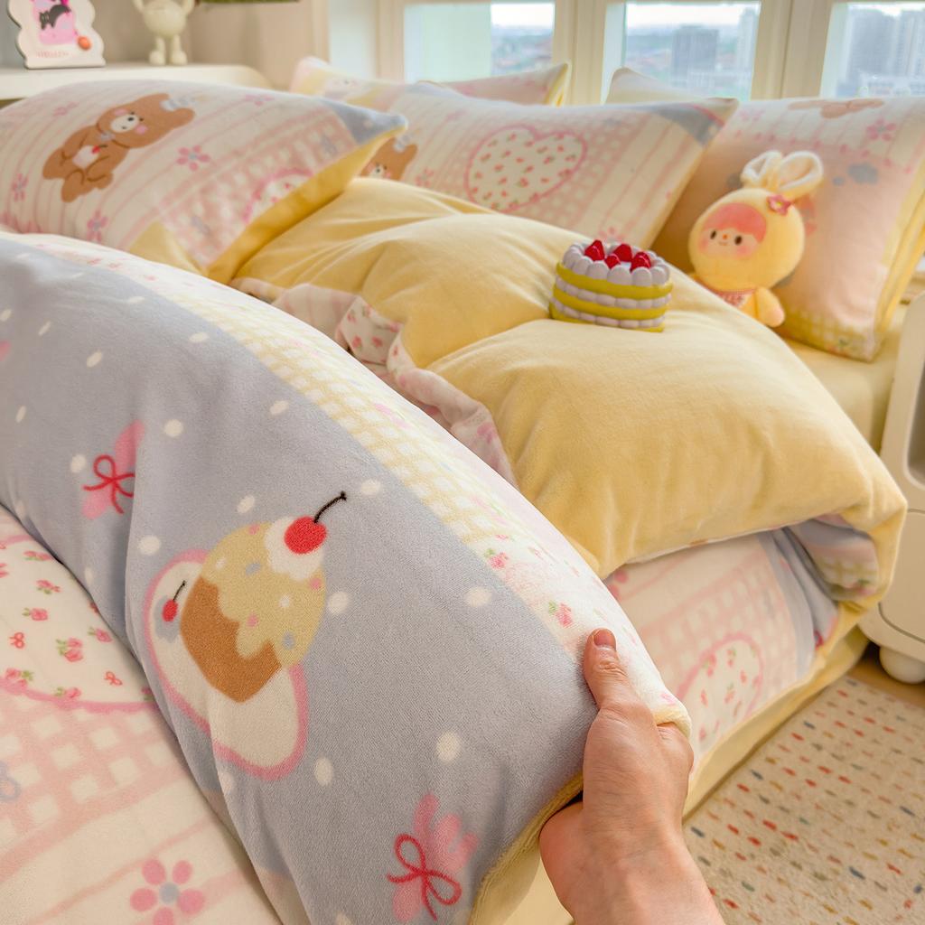 Thickened Milk Fleece Quilt Cover Single Piece Coral Fleece Quilt Cover Four-Piece Set Double-Sided Flannel Fleece