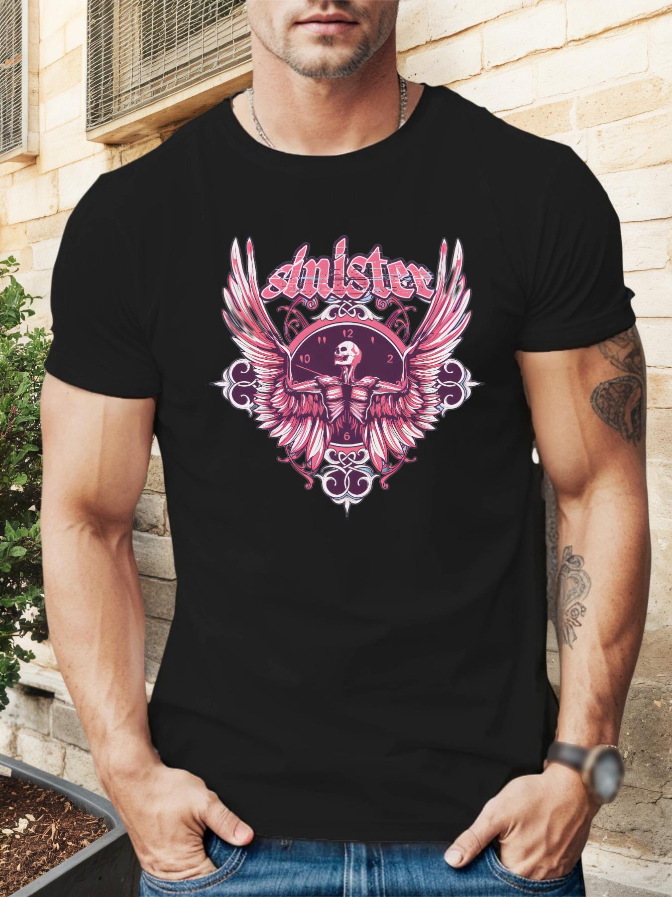 Sinister Gothic Winged Skull Graphic T-shirt - Black with Pink Accents S