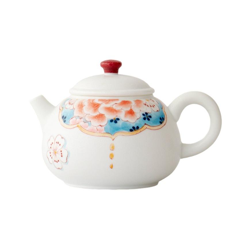 Hand Painted Ceramic Teapot White Porcelain Peony Design Chinese Kungfu Tea Set for Home Office Decor Gift Tea Lover