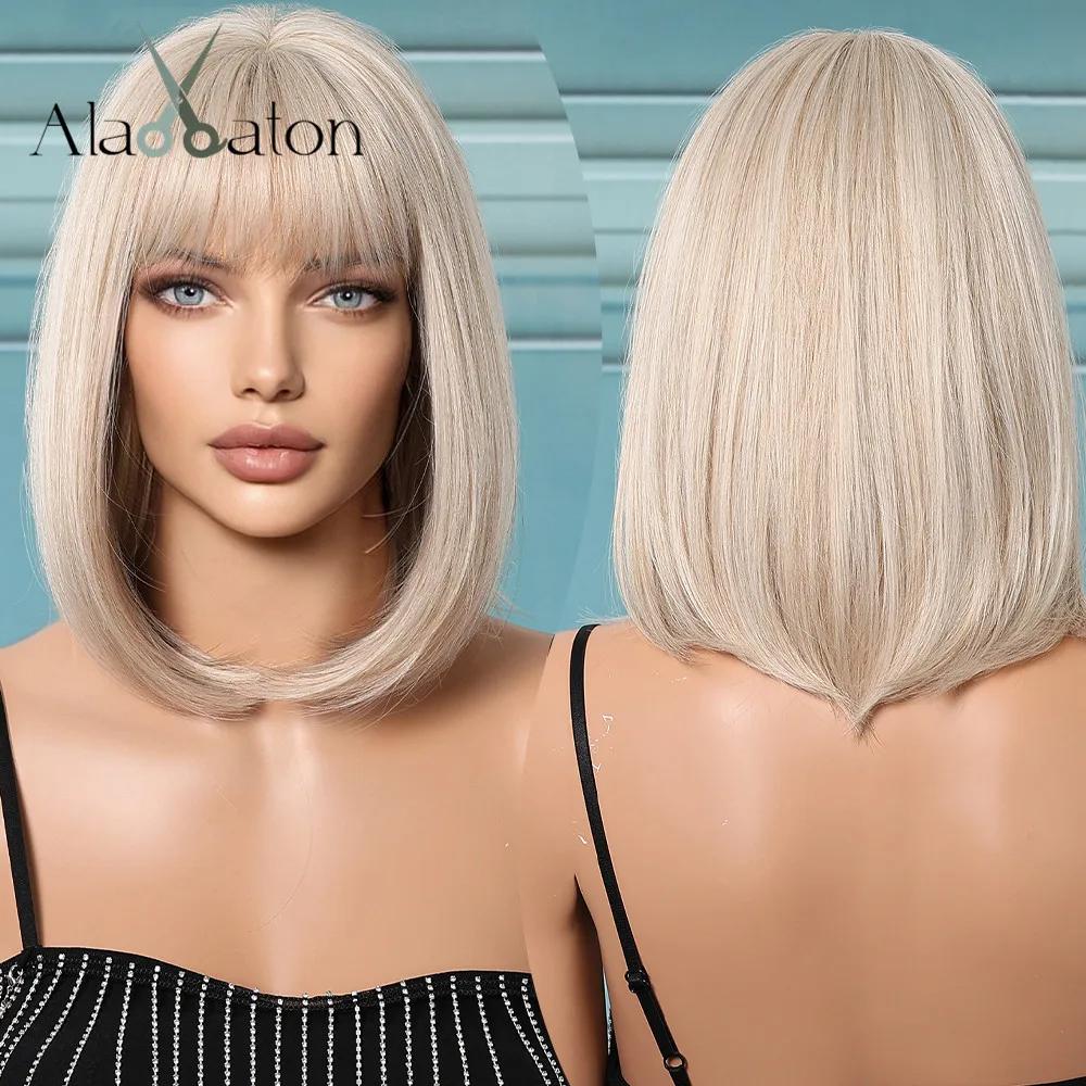 ALAN EATON Schwarze, glatte Kunsthaarperücke mit Pony, schulterlange schwarze Perücken für Frauen, natürlich aussehendes Haar für den täglichen Gebrauch auf Partys