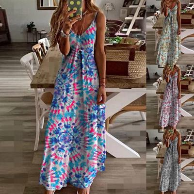 Tooxika New Style Printed Sleeveless Dress Holiday V-Neck Loose Suspender Dress Long Dress
