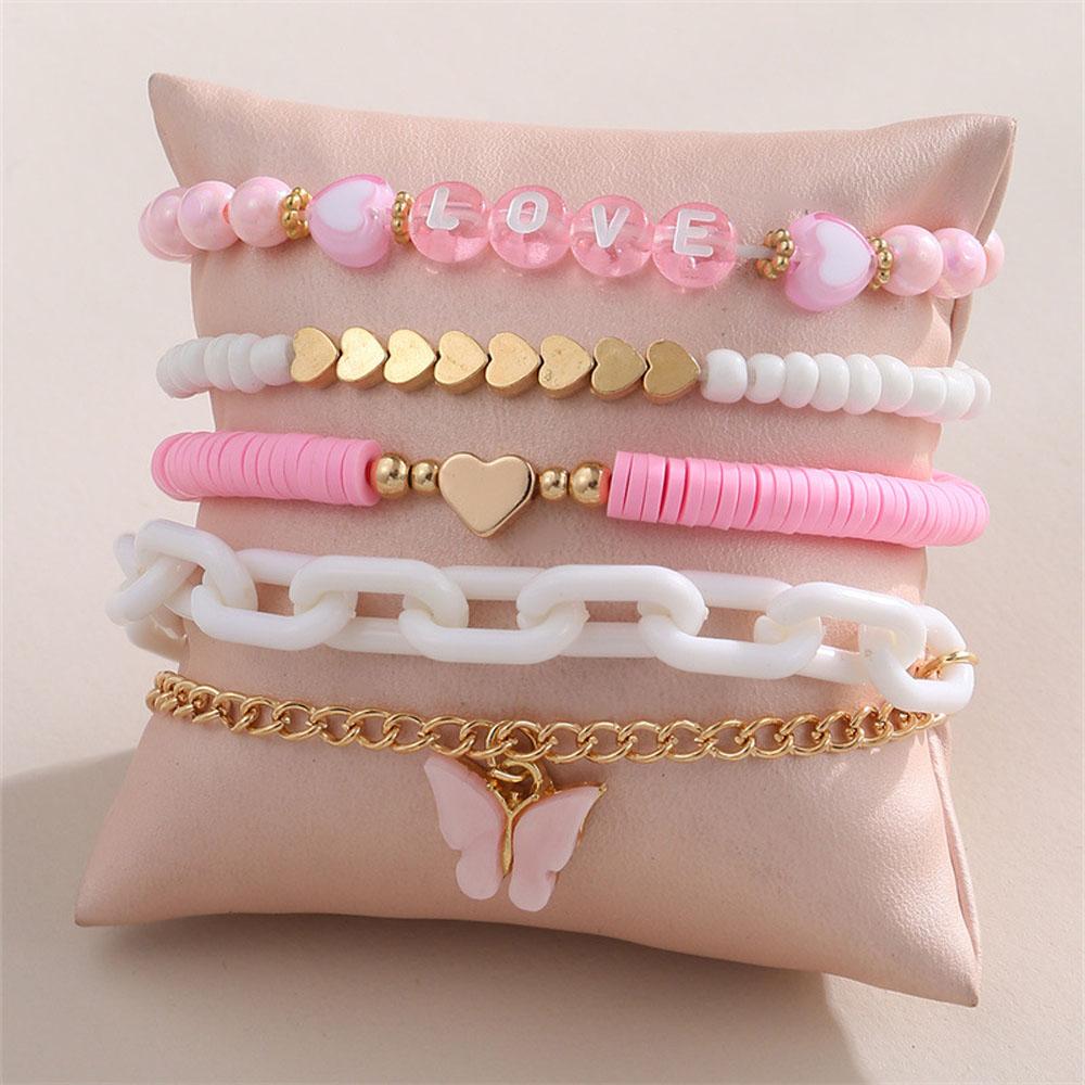 New Artifact Pink Niche Design Sweet Style Love Letter Decoration Butterfly Pendant Children's Bracelet 5-piece Set