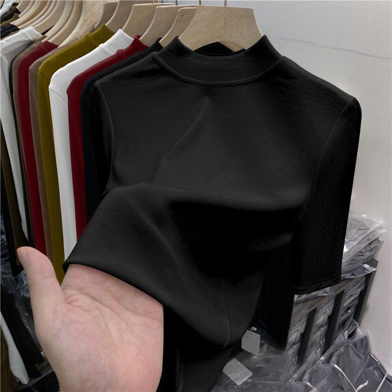 Chic High-Neck Slimming Mid-Sleeve Top (1/2 Piece) - Fashionable Natural Shoulders, Ideal for Spring/Autumn Layering, Body-Conscious Women's T-Shirt