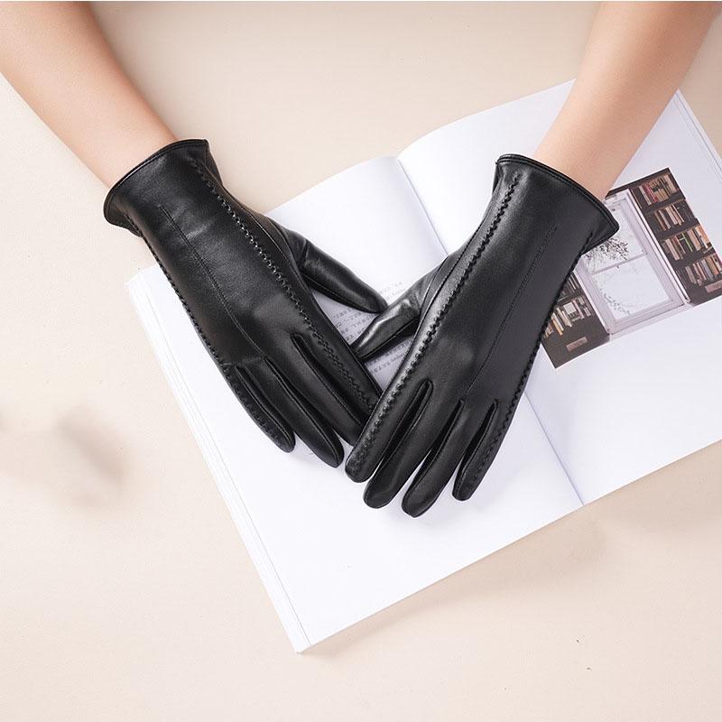 Damen Lammfellhandschuhe Winter Warm Plus Samt Kurz Dünn Touchscreen Autofahren Farbe Damen Kunstlederhandschuhe