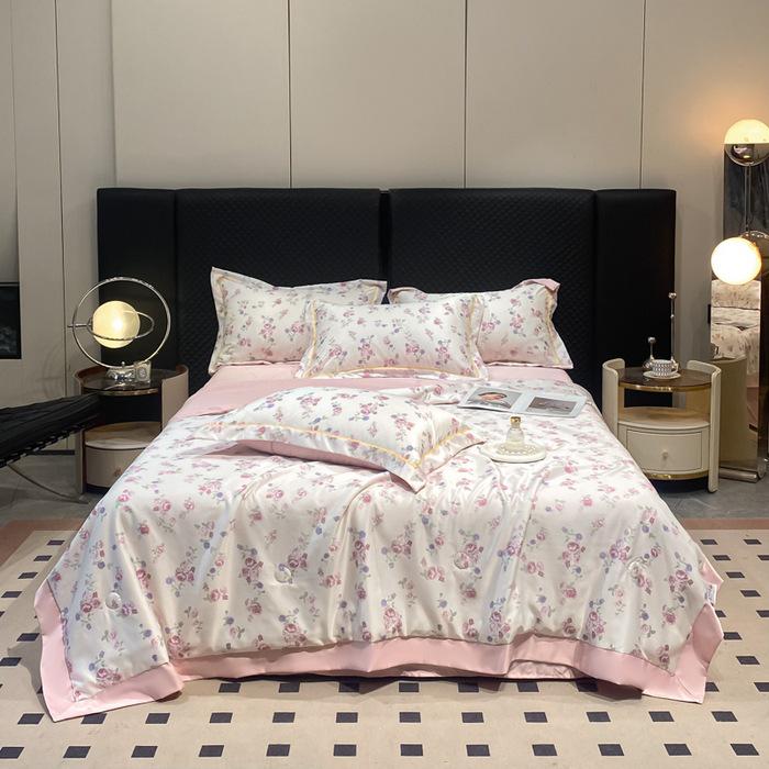 Printed Tencel Summer Quilt 4-Piece Set - Cooling Ice Silk for Naked Sleep, Smooth Gift Quilt