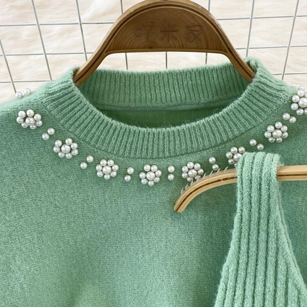 Mujer Otoño Invierno cuello redondo con cuentas cintura alta corto abierto ombligo suéter de dos piezas de punto camiseta sin mangas vestido