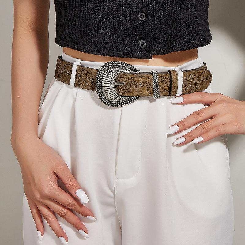 Vintage Carved Buckle Pu Wide Belts Boho Brown Embossed Waistband Western Jeans Pants Belt